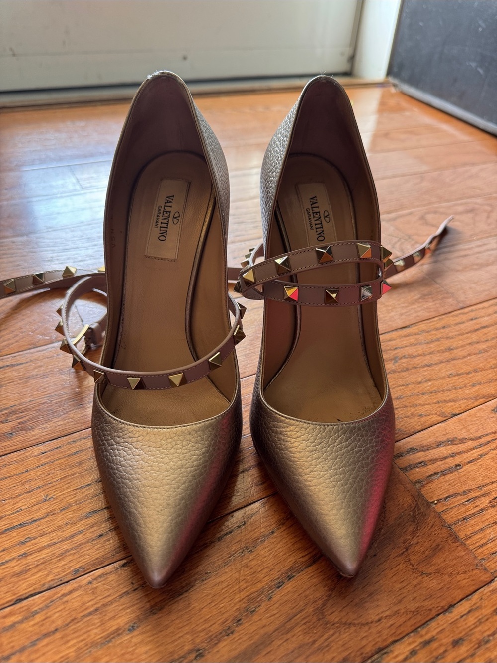 Valentino Garavani Metallic Bronze Pointed Rockstud Ankle-Strap Pumps